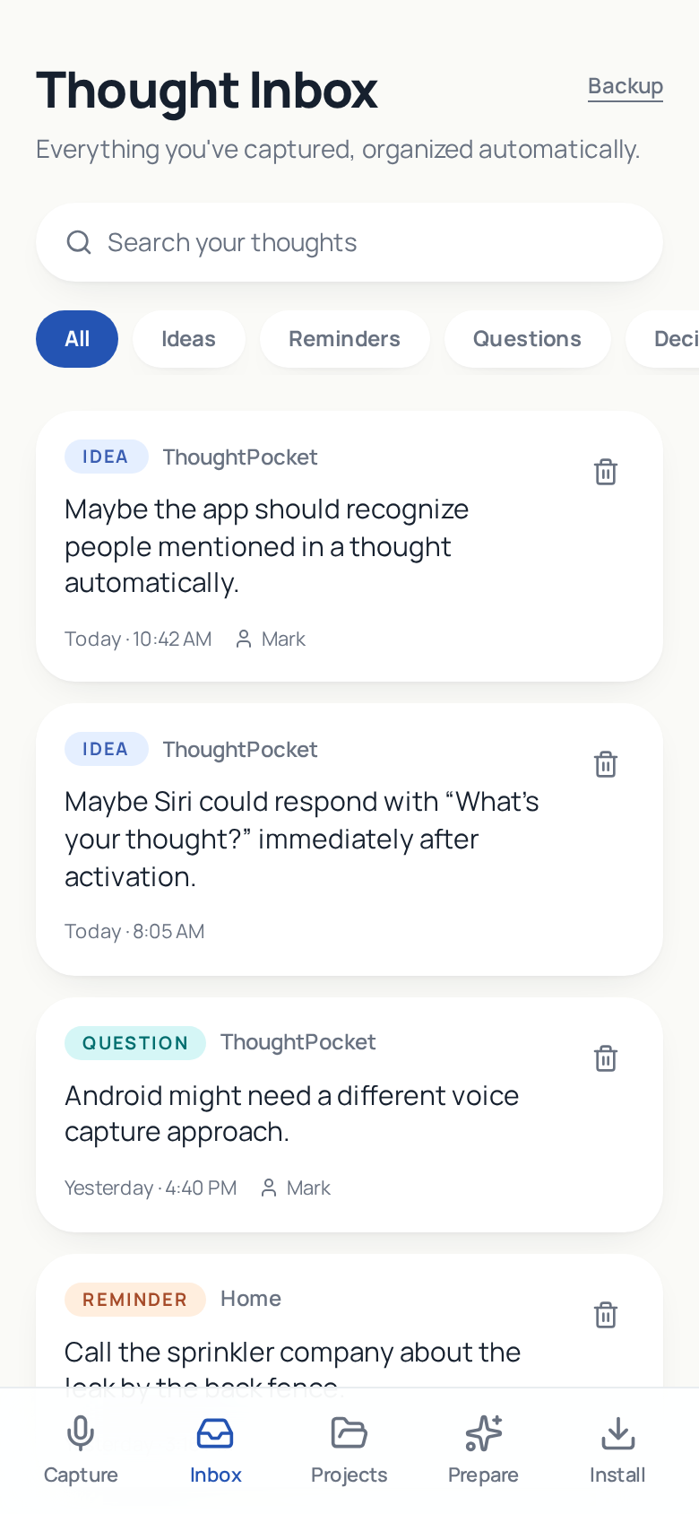 Thought inbox showing captured thoughts labeled as ideas, reminders, questions, and decisions