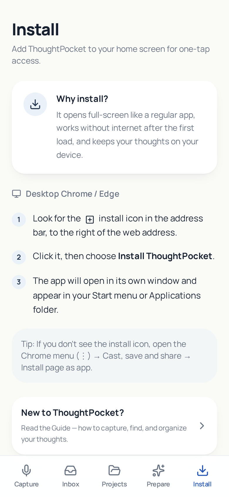 Install screen with steps to add ThoughtPocket to the home screen