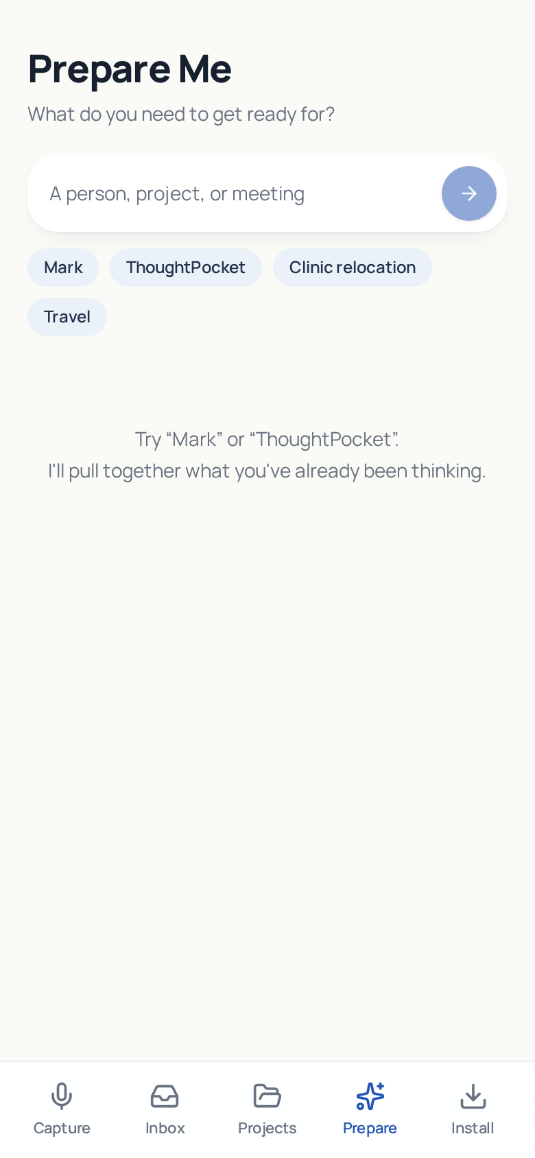 Prepare Me screen picking a person or project to brief before a meeting