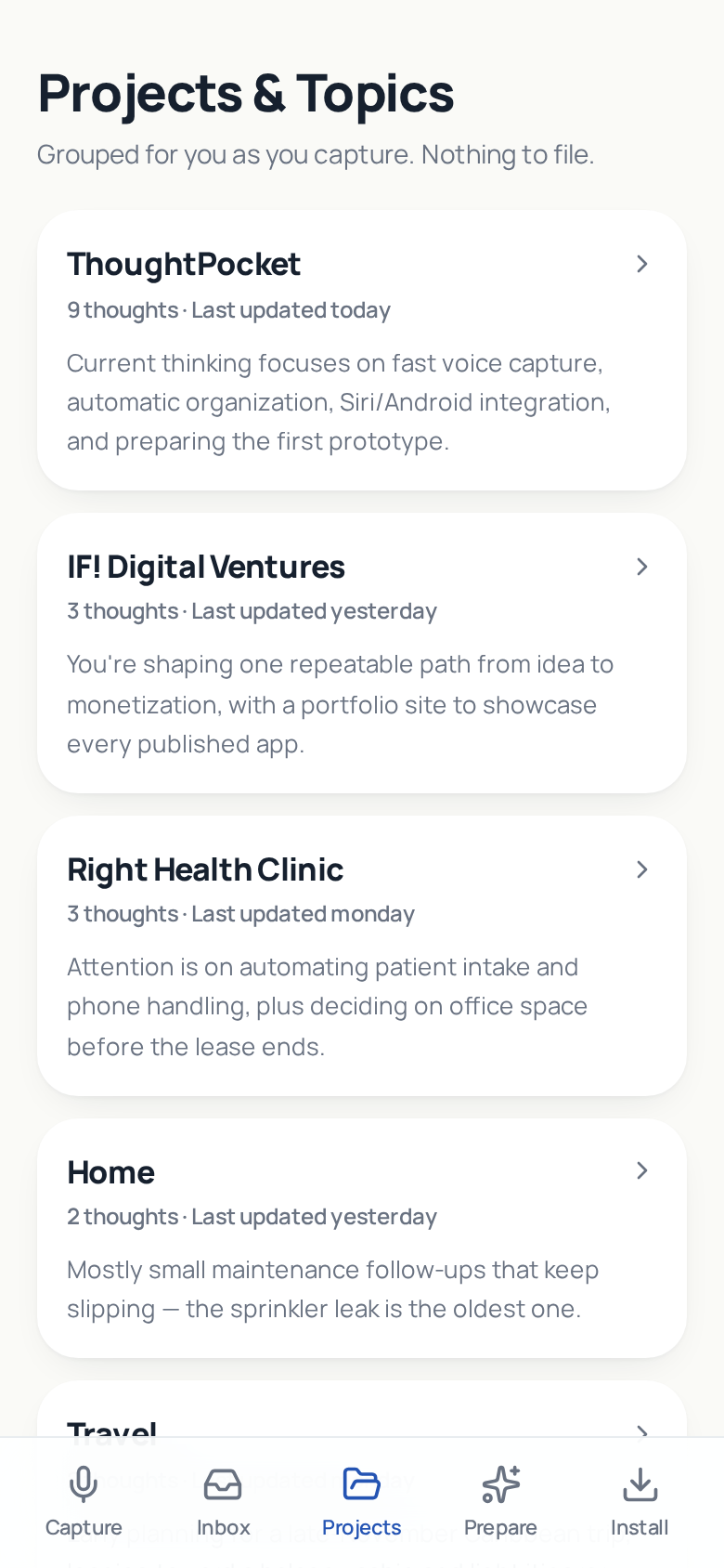 Projects and topics screen with thoughts grouped automatically